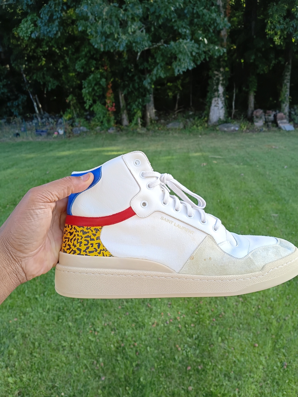 Saint Laurent Men's SL-24 Mid White Leopard High Top Sneakers Size 12 EU46